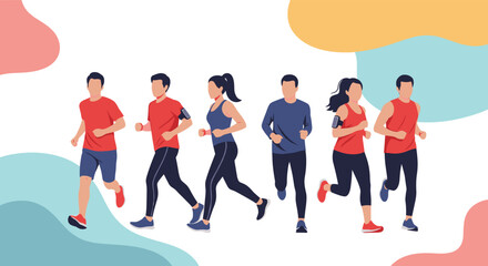 Fototapeta premium Diverse group of six active joggers running in a line across a colorful abstract background, promoting community fitness and health.