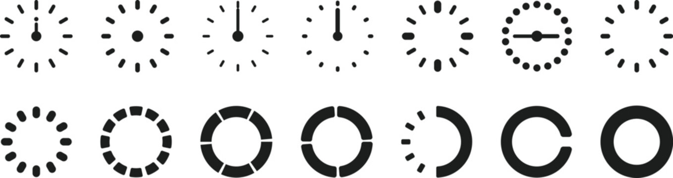 Black loading spinner icon set for web and app interfaces. Circular progress wheels show buffering, sync, and download status. Great for UI, UX, and digital design projects.
