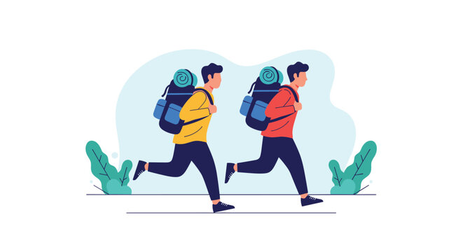 Two hikers wearing yellow and red jackets with large backpacks running forward through a stylized landscape with green leaves.