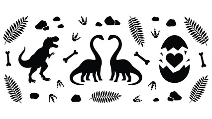 Cute Dinosaur Silhouettes and Prehistoric Icons Vector Illustration Featuring Friendly Jurassic Creatures Fossil Era Symbols and Educational Design © Melissa J. Abrams