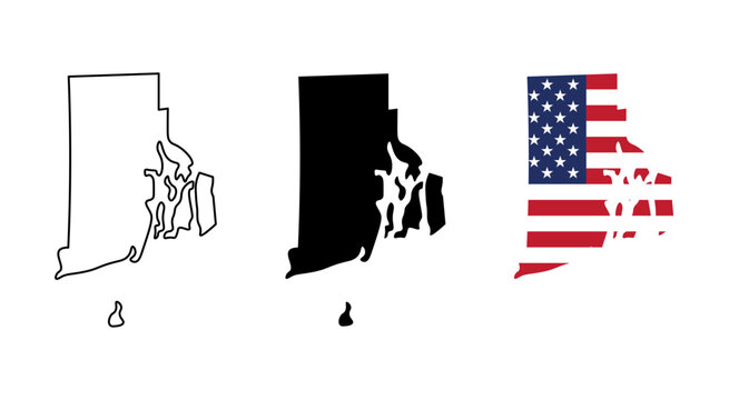 Rhode Island state outline, silhouette and American flag icon set