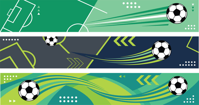 Horizontal Soccer Banner Template Set with Flying Footballs Speed Motion Trails Geometric Abstract Field Backgrounds for Website Header and Sports Advertising Designs