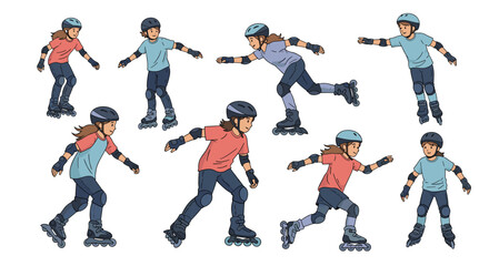 Fototapeta premium Collection of various action poses showing a girl rollerblading with a helmet and protective pads in a flat design.