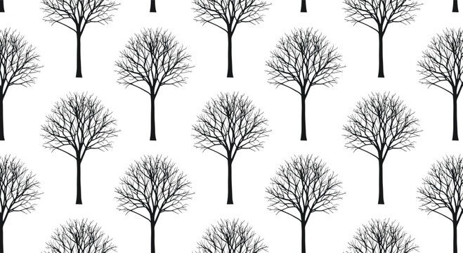 Seamless pattern of black leafless trees without leaves arranged in a repeating grid on a clean white background.
