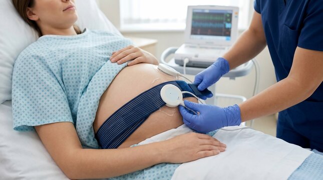 Medical staff monitoring a pregnant woman undergoing a fetal heart rate test. The patient is lying in bed, wearing a hospital gown, with a monitor nearby.