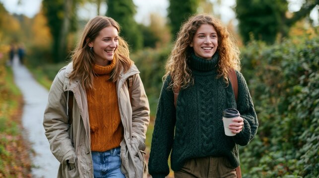 Two young women walking outdoors on autumn path with reusable cup