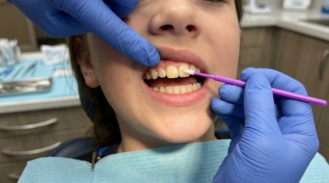 Close-up of a young person's mouth undergoing a dental fluoride treatment application by a dentist wearing blue gloves, highlighting oral hygiene and dental care procedures.