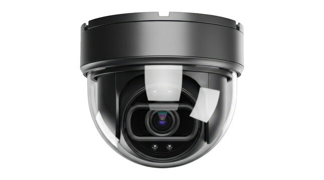 Black dome security camera with clear plastic cover isolated on transparent background