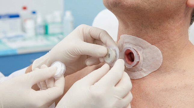 Medical professional's gloved hands carefully tending to a tracheostomy site on a patient's neck, showcasing a close-up of a crucial medical procedure.