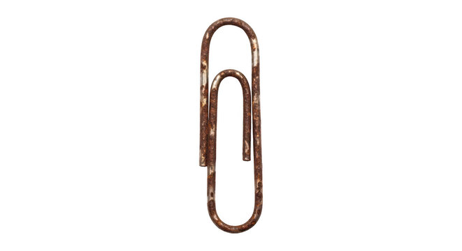 Rusty paperclip isolated on transparent background with visible oxidation