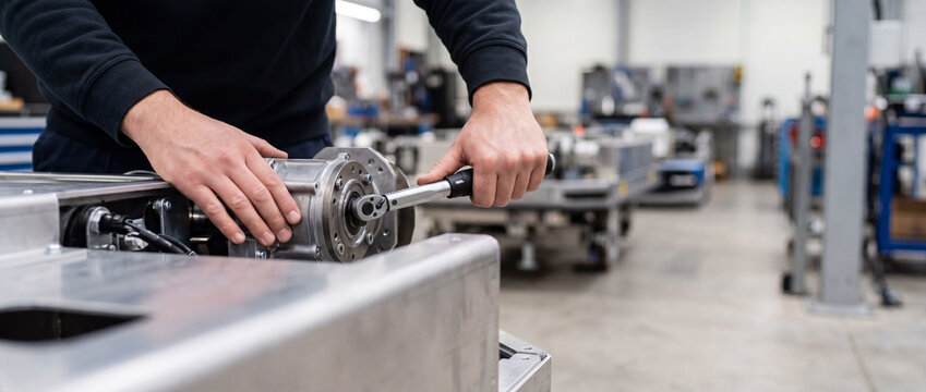Industrial technician using wrench to assemble metal machinery in modern manufacturing workshop