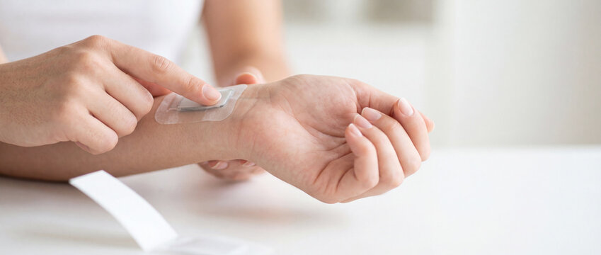 Person applying adhesive medical patch to inner wrist for transdermal medication and pain relief