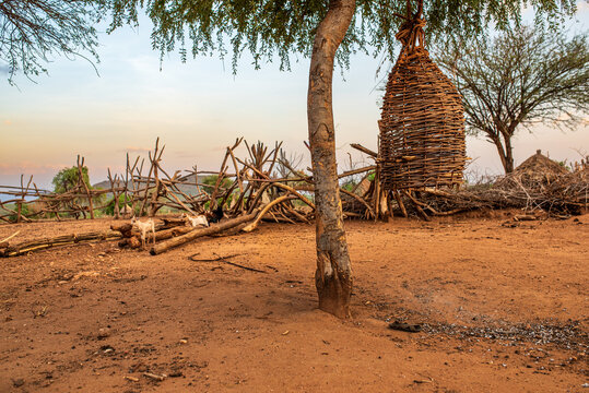 Traditional woven beehive in a Hamer village, Ethiopia