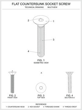 Flat countersunk hex socket cap screw multiview technical blueprint with section