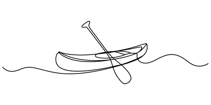 Continuous single line drawing of a canoe with a paddle floating on water waves Vector, illustration
