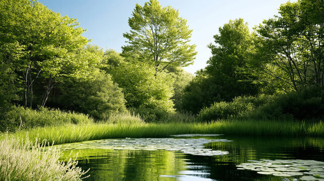 Tranquil forest pond with lush greenery and reflective water surface