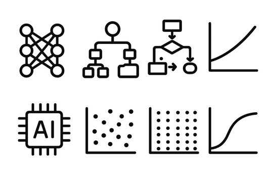 Collection of AI and data science icons including neural network, flowchart, and graphs