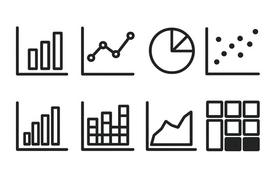 Collection of simple line icons representing various types of business and financial charts and graphs