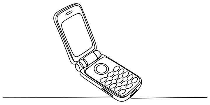 Continuous single line drawing of an old retro flip mobile phone with keypad buttons in a simple minimalist artistic style for modern technology design Vector, illustration