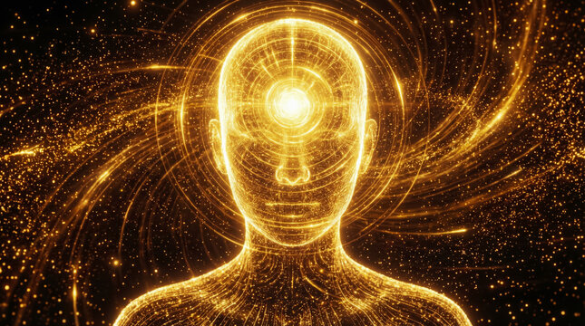 Golden energy: illuminated human figure with glowing third eye