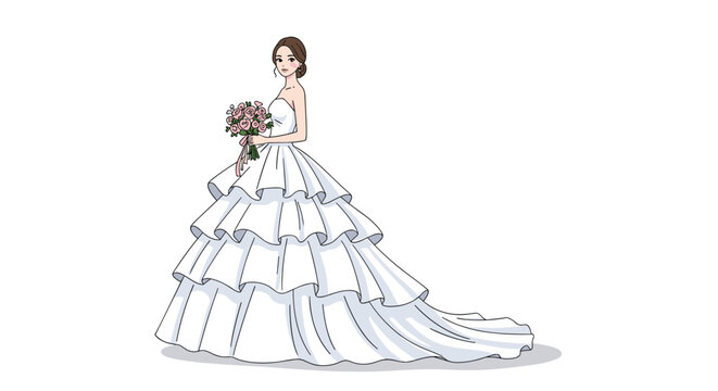 Beautiful bride in an elegant layered white wedding gown holding a bouquet of pink roses on her wedding day.