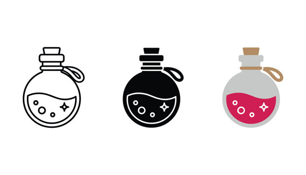 Magic potion bottle icon set featuring sparkles in outline silhouette and flat color design for fantasy and gaming interfaces