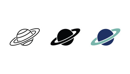 Planet Saturn icon set featuring rings in outline solid and blue colored styles for space and astronomy educational graphics © TARU STOCKPLC