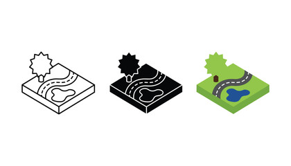 Isometric landscape park icon set featuring road tree and pond in line art solid and flat color styles for mapping and geography design © TARU STOCKPLC
