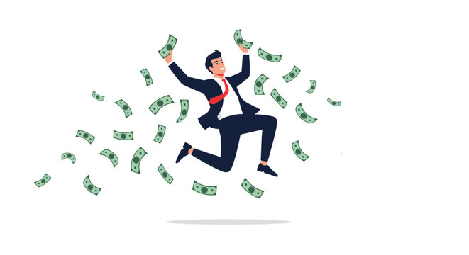 Happy businessman jumping in the air while cash money bills are falling all around him on white background.