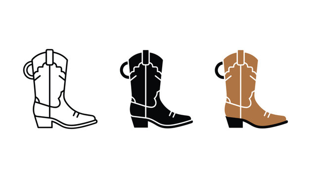 Cowboy boot icon set in outline solid and brown leather style for western theme and rodeo event graphic design