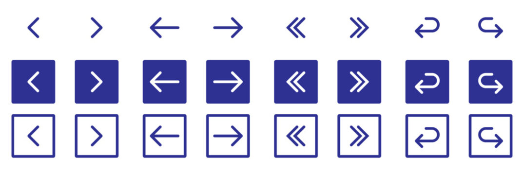 Navigation arrow icon set featuring left arrow, right arrow, back button, forward button, double arrow, refresh symbol, return icon, interface controls, directional signs
