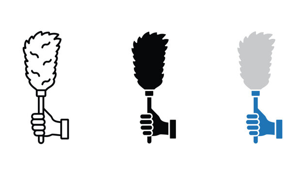 Hand holding feather duster for cleaning and household maintenance concept in flat and outline vector illustration set