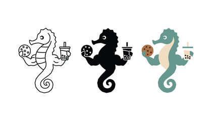 Strong seahorse holding a cookie and bubble tea icon set in outline silhouette and flat color styles for fun cafe and aquatic themed branding © TARU STOCKPLC