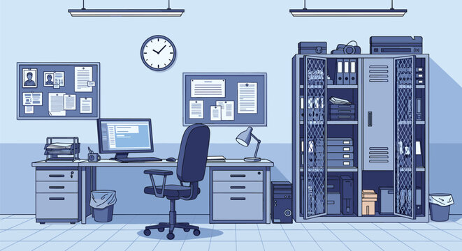 Police detective office interior features a desk with a computer, notice boards with mugshots, and steel lockers.