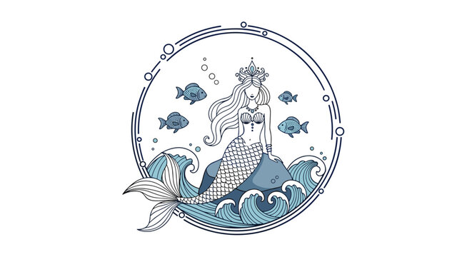 Beautiful hand-drawn mermaid princess sits on a rock amidst ocean waves and fish inside a circular ornamental border.
