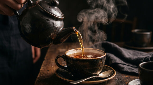 Versement de th&eacute; chaud et fumant depuis une th&eacute;i&egrave;re artisanale dans une tasse sur une table en bois rustique
