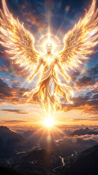 Repr&eacute;sentation divine d'un ange de lumi&egrave;re aux ailes dor&eacute;es d&eacute;ploy&eacute;es dans le ciel au coucher du soleil