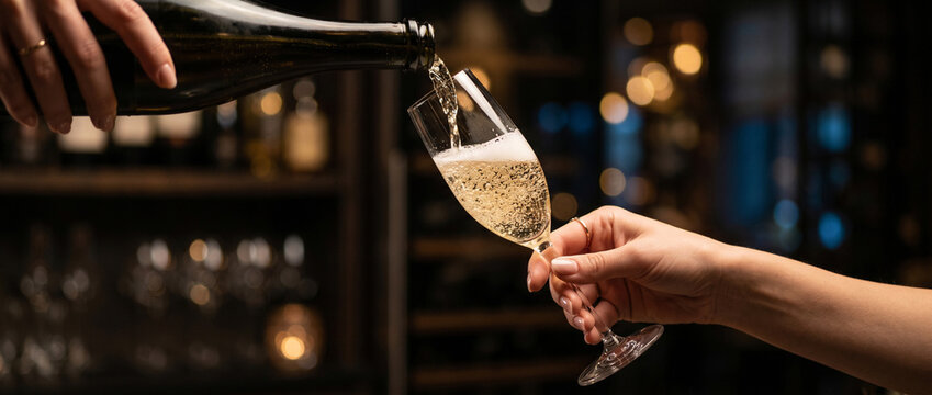 Versement de champagne p&eacute;tillant dans une fl&ucirc;te lors d'une c&eacute;l&eacute;bration dans un bar chic