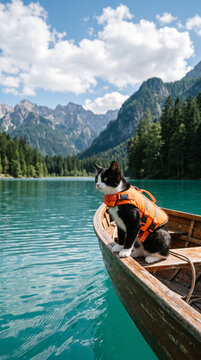 Chat domestique portant un gilet de sauvetage orange sur un bateau en bois sur un lac de montagne