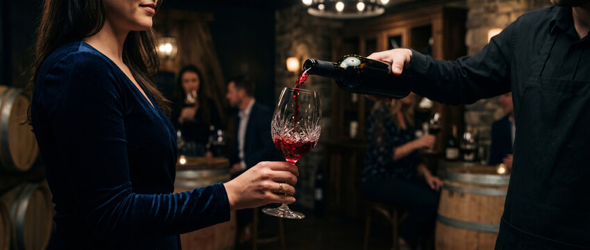 Sommelier versant du vin rouge dans un verre lors d'une d&eacute;gustation dans une cave authentique