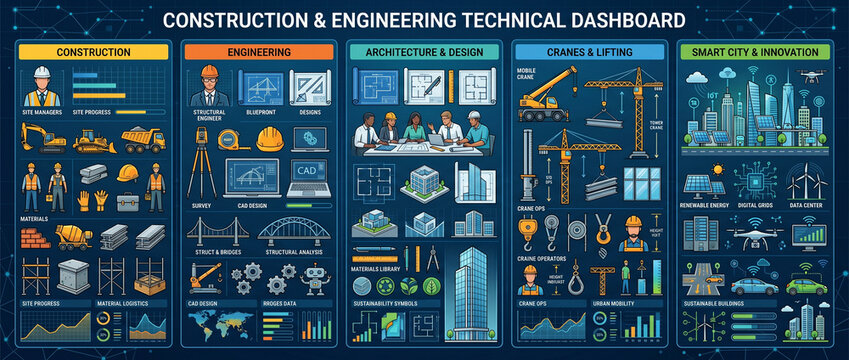 Infographie vectorielle d'un tableau de bord technique d'ing&eacute;nierie et construction