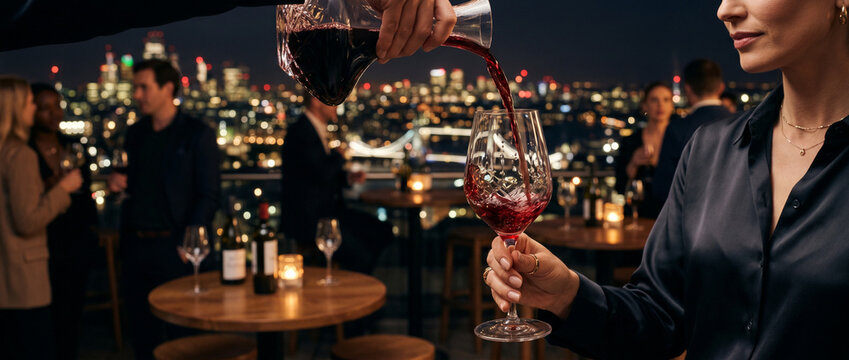 Service de vin rouge en terrasse lors d'une soir&eacute;e avec vue sur la ville
