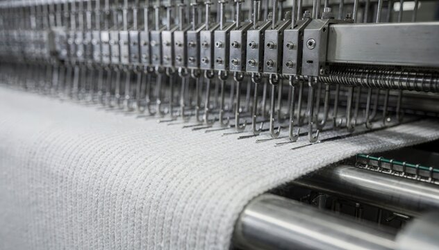 Closeup of industrial knitting machines creating ribknit fabric for mens boxer briefs highlighting precise mechanical movements and stretchable textile production techniques.