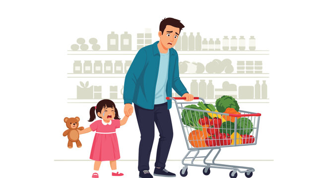 Stressed father trying to shop in a supermarket while holding his crying little daughter hand with a teddy bear.