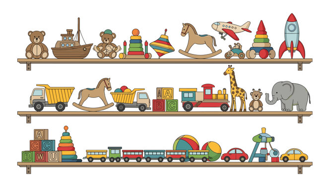 Neat wooden shelves filled with a colorful collection of children toys including trains cars blocks and animals.