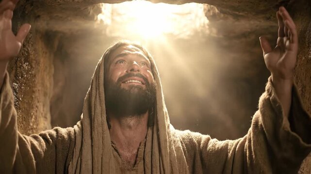 Jesus Christ praying with hands raised inside a tomb. Bright divine light descending from above. Biblical scene capturing spiritual ascension and religious devotion.