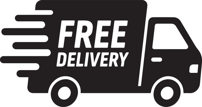Black and white free delivery truck icon on white background