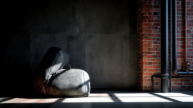 Modern loft interior featuring dark fiber cement wall panels, a red brick column with pipes, and a leather bean bag chair in a dramatic sunbeam