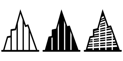 Obraz premium Tall building skyscraper pyramid graphic icons in line art and solid black silhouette styles with building