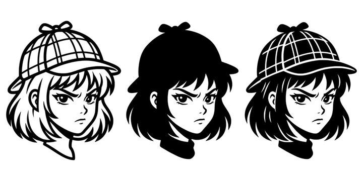 Set of three anime girl character icons with deerstalker hats detective deerstalker character portrait